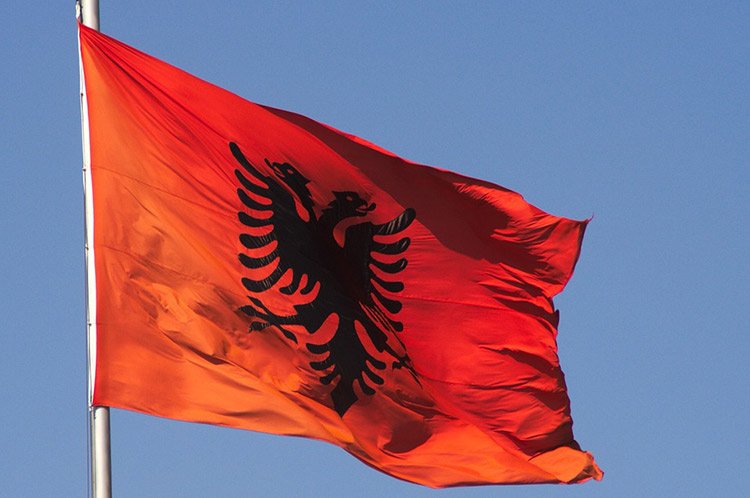 Drapeau rouge avec un aigle noir