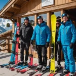 Quatre skieurs devant un chalet