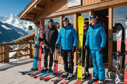 Quatre skieurs devant un chalet