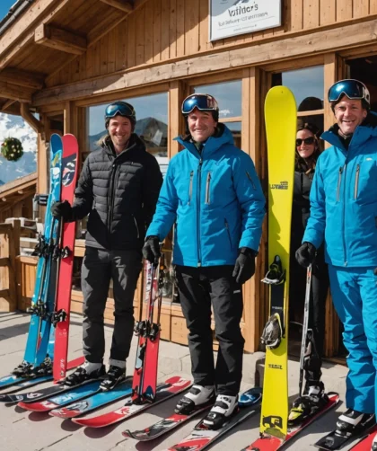 Quatre skieurs devant un chalet