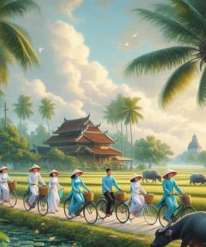 Groupe de personnes à vélo dans un paysage luxuriant
