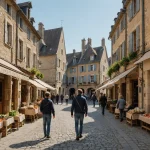 Deux personnes marchent dans une rue pavée