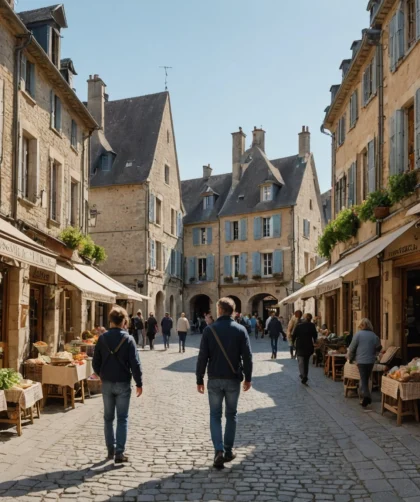 Deux personnes marchent dans une rue pavée