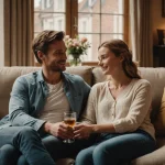 Un couple souriant sur un canapé