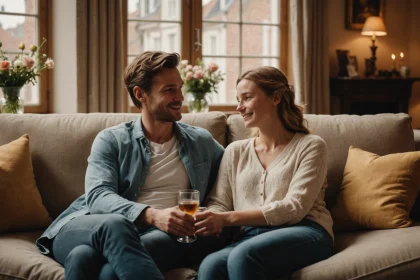 Un couple souriant sur un canapé