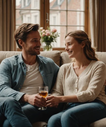Un couple souriant sur un canapé