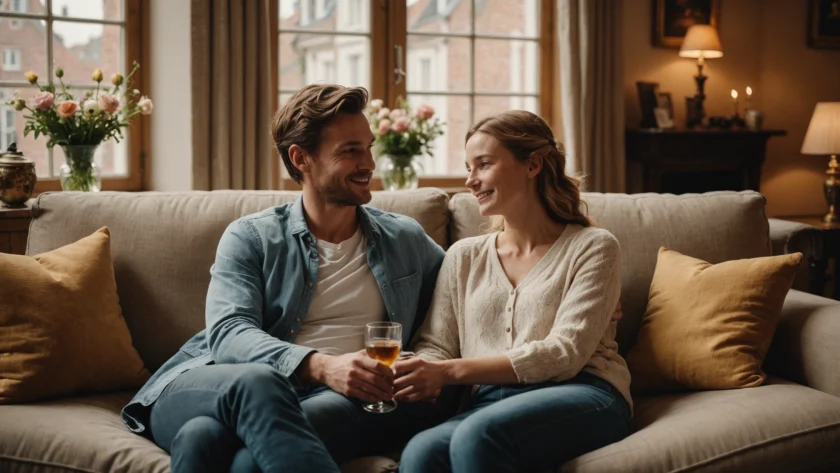 Un couple souriant sur un canapé