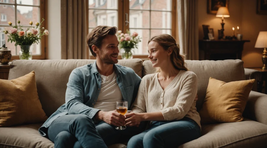 Un couple souriant sur un canapé