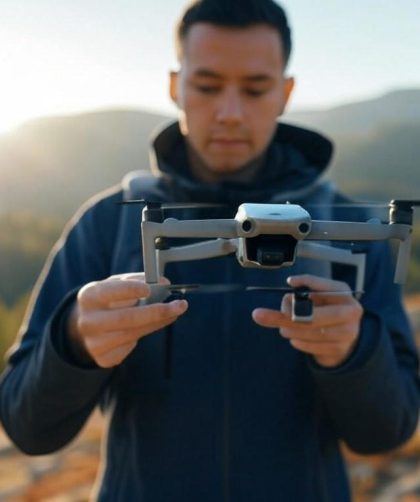 Un homme tenant un drone en pleine nature