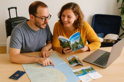 Couple regardant une carte et un guide