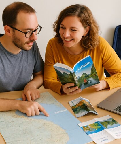 Couple regardant une carte et un guide