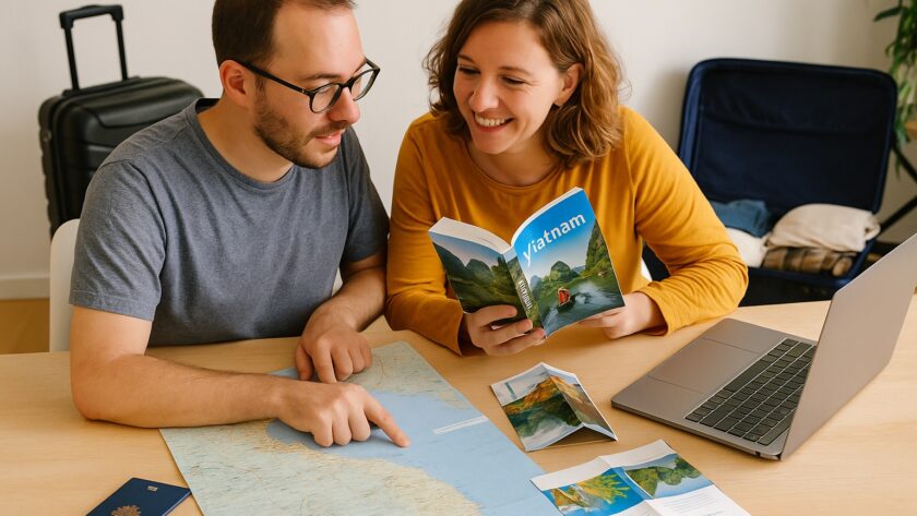 Couple regardant une carte et un guide