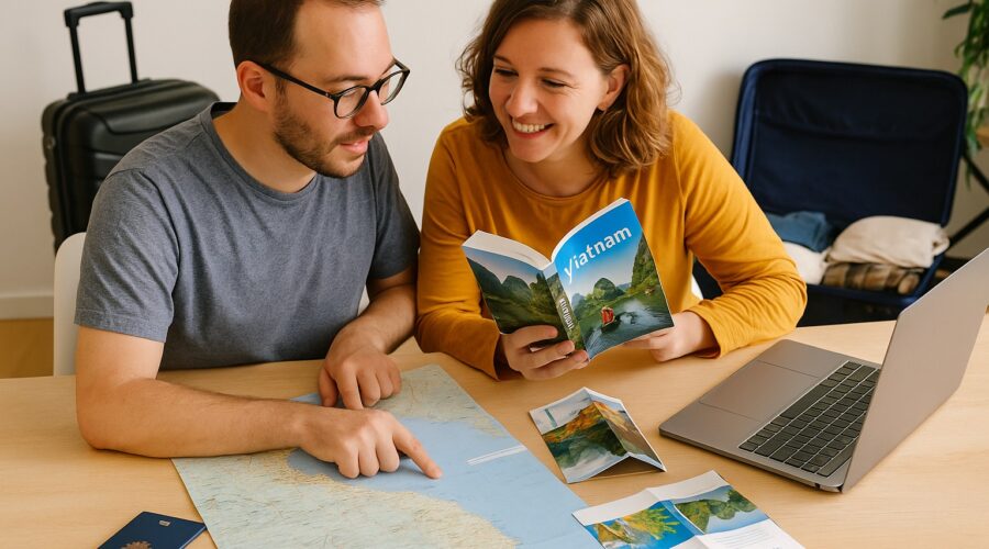 Couple regardant une carte et un guide